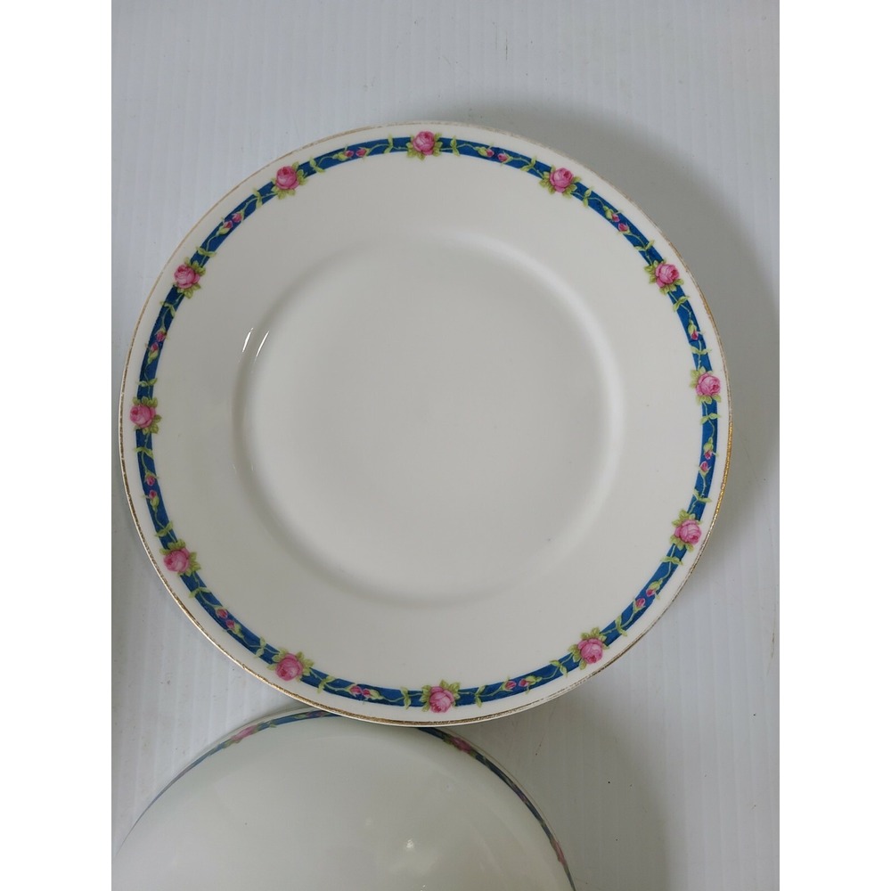 J&C Bavaria China Round Butter Dish with Lid Pink Roses Blue Ribbon - Picture 4 of 5